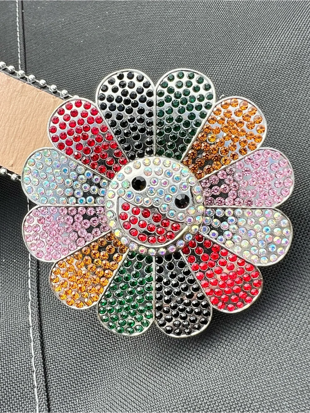 Y2K MURAKAMI FLOWER SILVER RHINESTONE GLITTER STUDDED BB BELT *1 Rhinestone Miss